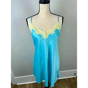 Valerie Stevens Intimates Blue Yellow Midi Nightgown Slip Dress Lace Women's M